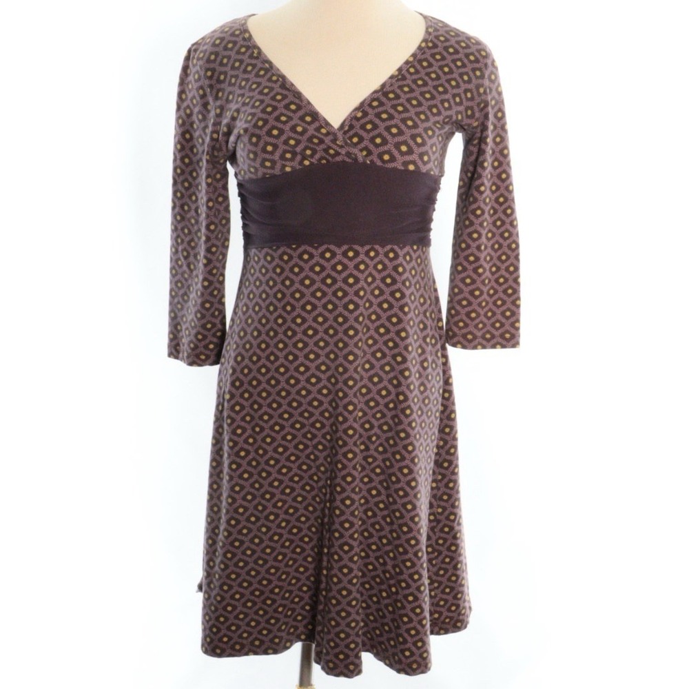 Patagonia Organic Cotton Dress Margot Plum 3/4 Sleeve Geometric V Neck Hiking S